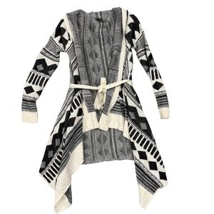 Charlotte Russe Cardigan Sweater Womens Medium Black White Aztec Knit Belted